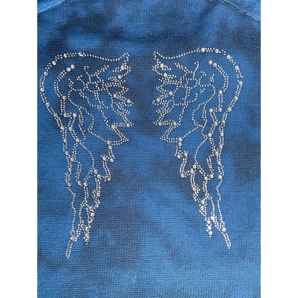 Y2K Angelcore Thermal Top Women Size L Blue Tie Dye Rhinestone Wings Festival